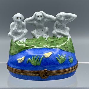Limoges France Hinged Trinket Box Hear Speak See No Evil Monkeys Peint Main